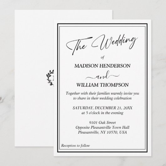 Klassieke Zwart-Wit Moderne Huwelijksuitnodiging Kaart (Voorkant / Achterkant)