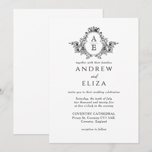 Klassieke zwart-wit Monogram Crest bruiloft Kaart (Voorkant / Achterkant)