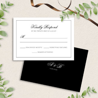 Klassieke Zwart & Wit Monogram Script Bruiloft RSVP Kaartje