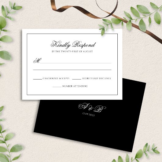 Klassieke Zwart & Wit Monogram Script Bruiloft RSVP Kaartje
