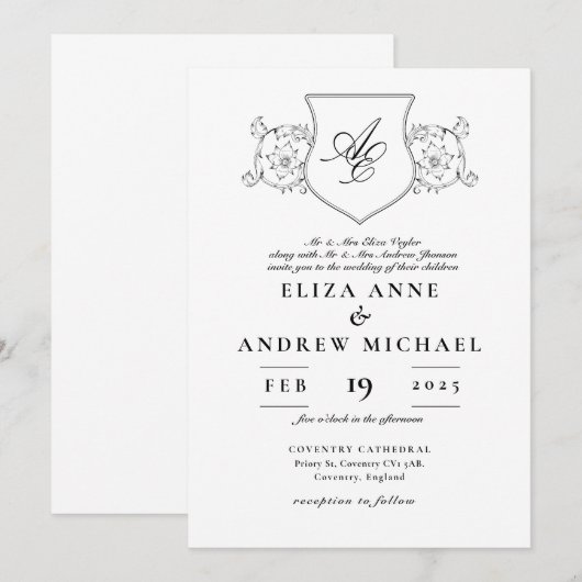 Klassieke zwart-wit monogram trouwkaart kaart (Voorkant / Achterkant)