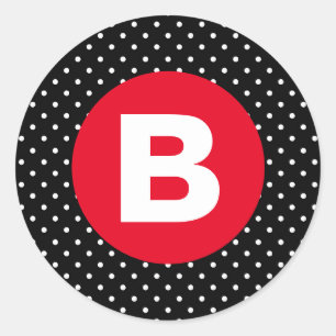 Klassieke zwart-wit polka stippen met rode monogra ronde sticker