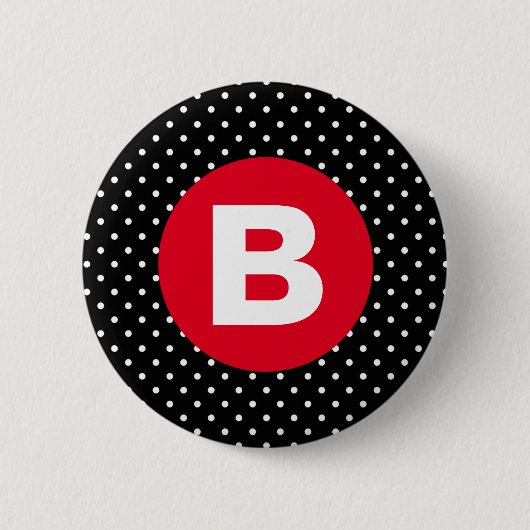 Klassieke zwart-wit polkadot met rode monogram ronde button 5,7 cm (Voorkant)