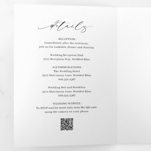 Klassieke Zwart-Wit QR Code Elegant Huwelijk Drieluik Uitnodiging (Binnenzijde eerst)