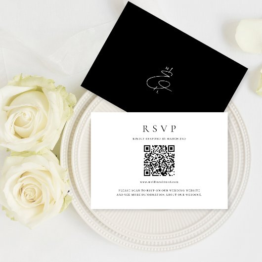 Klassieke Zwart-Wit QR Code Monogram Bruiloft RSVP Kaartje