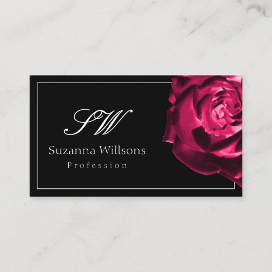 Klassieke Zwart-Wit Rode Roos Initialen QR Code Visitekaartje (Voorkant)