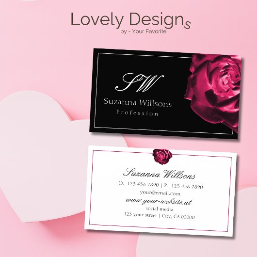 Klassieke zwart-wit rode roos met Initialen Visitekaartje