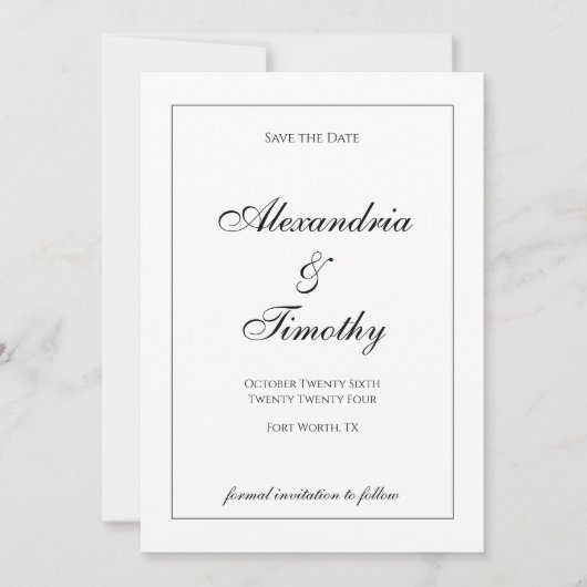Klassieke Zwart-Wit Script Save the Date (Voorkant)