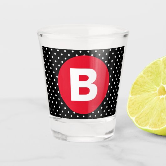Klassieke zwart-wit stippen met rode monogram shot glas (Voorkant)