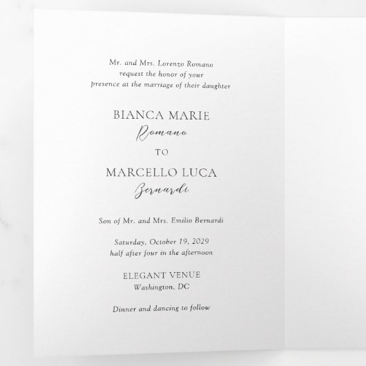 Klassieke zwart-wit tijdloze bruiloft drieluik uitnodiging (Binnenzijde eerst)