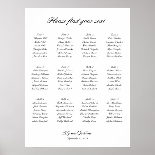 Klassieke Zwart-Wit Trouwzaalstoelenkaart Poster (Voorkant)