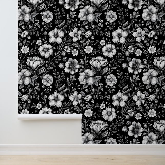 Klassieke zwart-witte bloemenwandbekleding behang (Applicatie)