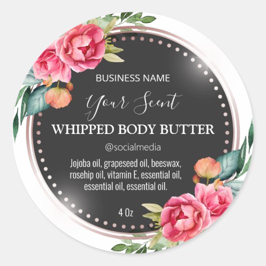 Klassieke zwart-witte bloemige body boterlabels ronde sticker (Voorkant)