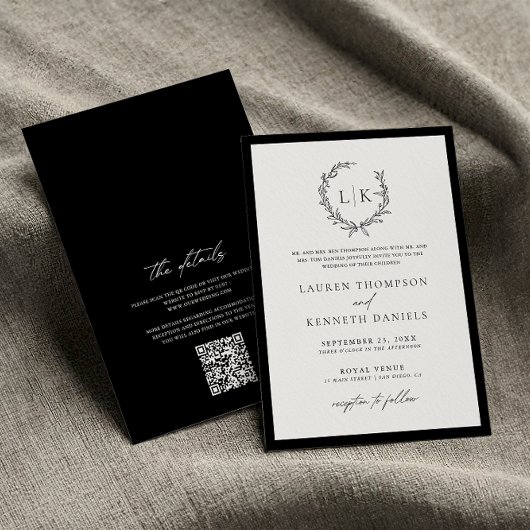 Klassieke Zwart Witte Monogram QR Code Huwelijk Kaart