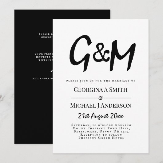Klassieke Zwart Witte Monogram Typografie Bruiloft Kaart (Voorkant / Achterkant)