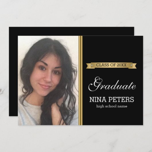 Klassieke zwarte Afstuderen Fotouitnodiging Kaart (Voorkant / Achterkant)