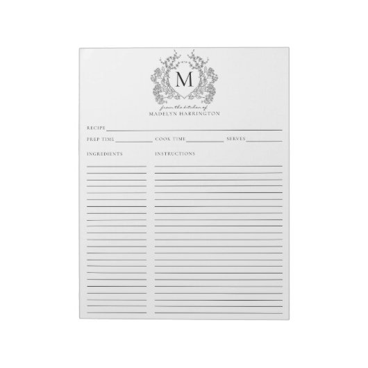 Klassieke Zwarte Bloemenkam Monogram Recept Notitieblok (Linkerzijde)