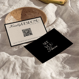 Klassieke zwarte crèmekleurige QR-code bruiloft me RSVP Kaartje