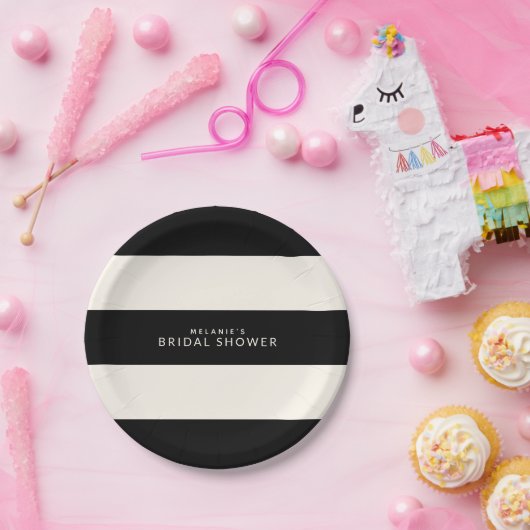 Klassieke zwarte en ecru strepen bruidsmeisjesfees papieren bordje (Feest)