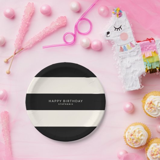 Klassieke Zwarte en Eggshell Witte Strepen Verjaar Papieren Bordje (Feest)