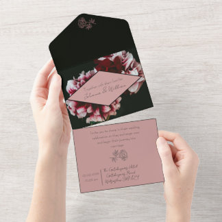 Klassieke Zwarte en Roze Pioenenbruiloft All In One Uitnodiging