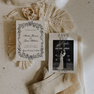 Klassieke Zwarte En Witte Bloem Foto Bruiloft Save The Date