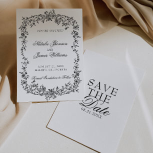 Klassieke Zwarte En Witte Bloemige Botanische Trou Save The Date