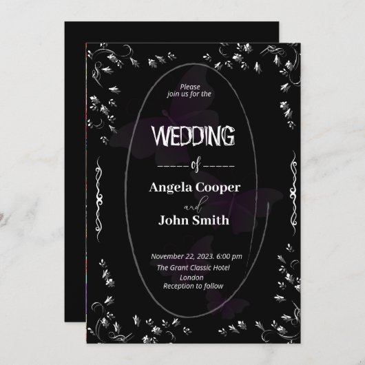 Klassieke zwarte en witte bruiloft kaart (Voorkant / Achterkant)