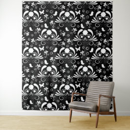 Klassieke Zwarte en Witte Damast Bloemrijke Vlinde Wandkleed