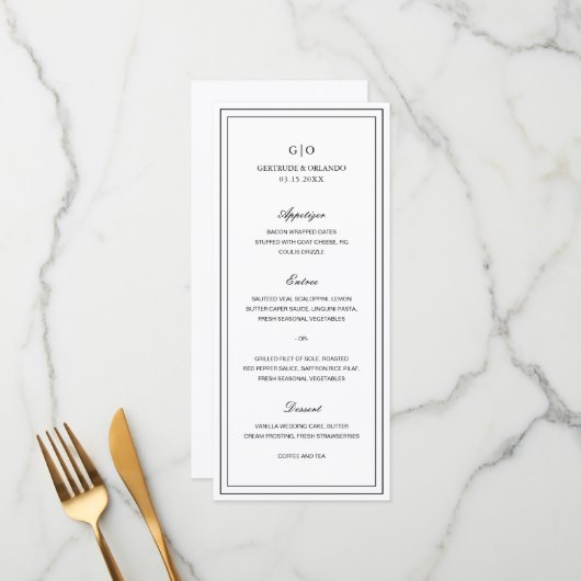 Klassieke Zwarte en Witte Elegante Bruiloft Menu (Voorkant / Achterkant in situ)