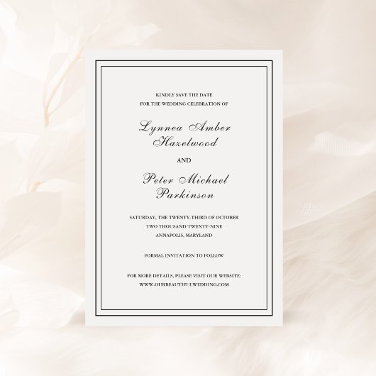 Klassieke Zwarte en Witte Elegante Bruiloft Save The Date