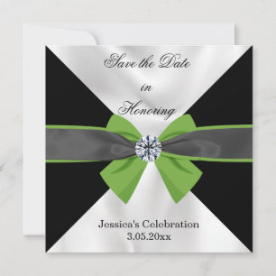 Klassieke zwarte en witte gordijnen met groene str save the date
