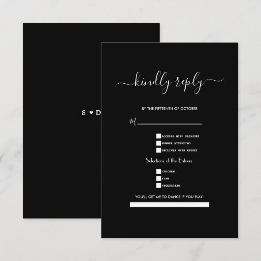 Klassieke zwarte en witte kalligrafie bruiloft RSVP kaartje (Voorkant / Achterkant)