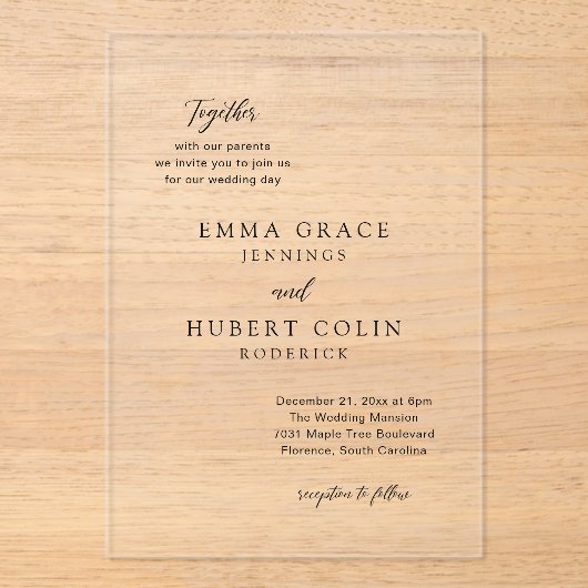 Klassieke zwarte en witte legante bruiloft acryl uitnodigingen (Voorkant)