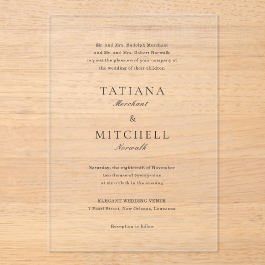 Klassieke zwarte en witte legante bruiloft acryl uitnodigingen (Voorkant)