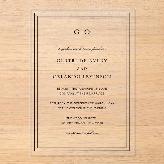 Klassieke zwarte en witte legante bruiloft acryl uitnodigingen (Voorkant)