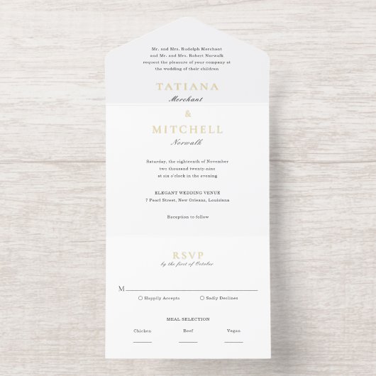 Klassieke zwarte en witte legante bruiloft all in one uitnodiging (Binnenkant)