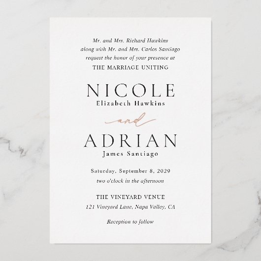 Klassieke zwarte en witte legante bruiloft folie uitnodiging (Voorkant)