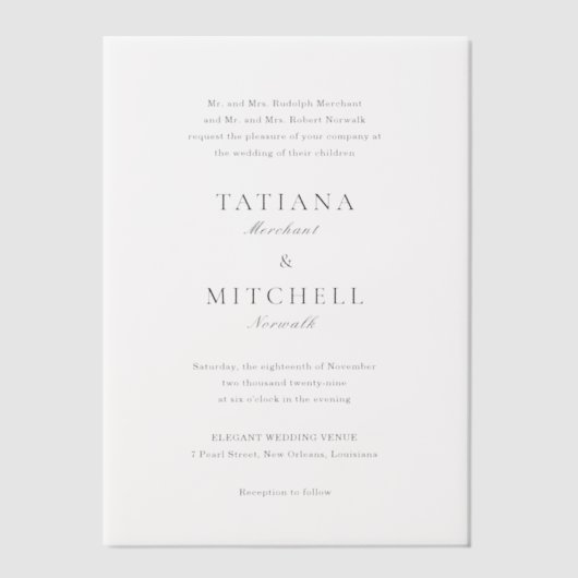 Klassieke zwarte en witte legante bruiloft vellum uitnodigingen (Voorkant)