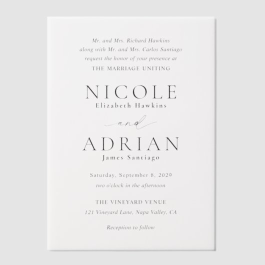 Klassieke zwarte en witte legante bruiloft vellum uitnodigingen (Voorkant)