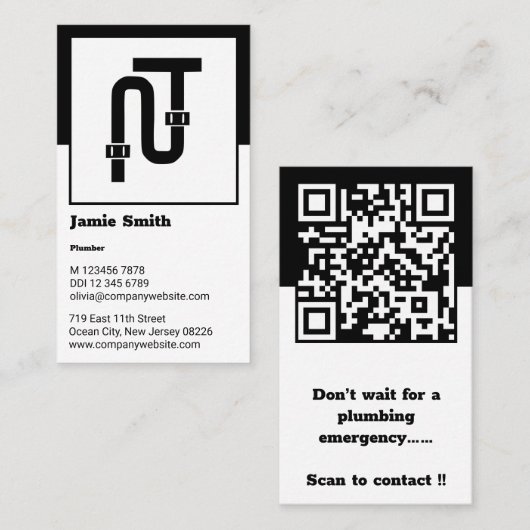 Klassieke zwarte en witte loodgietersbedrijfskaart klantenkaartje (Voorkant / Achterkant)