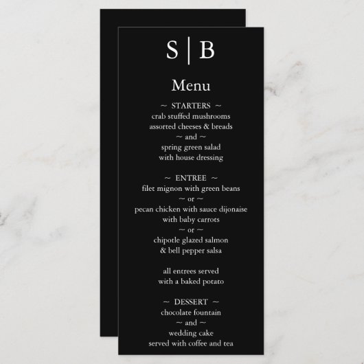 Klassieke zwarte en witte monogram bruiloft menu (Voorkant / Achterkant)