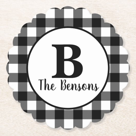 Klassieke zwarte en witte monogram kartonnen onderzetters (Voorkant)