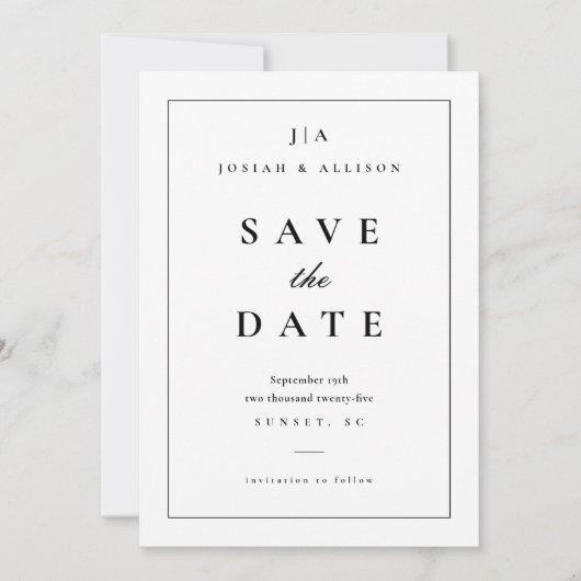 Klassieke zwarte en witte monogram save the date (Voorkant)