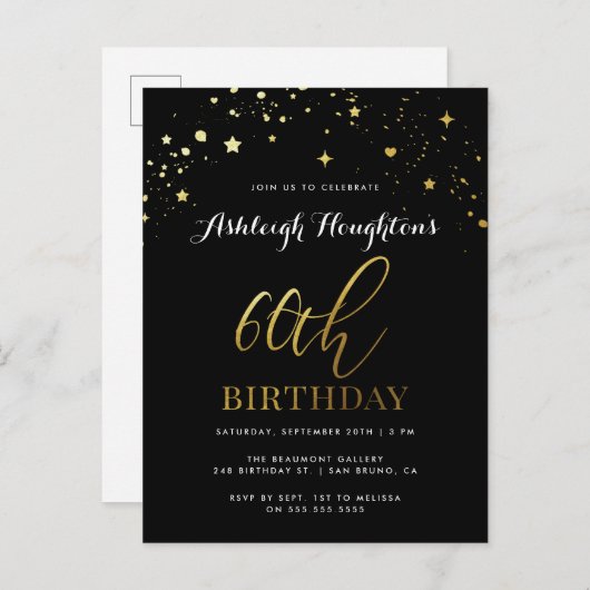 Klassieke zwarte & Gold Star Confetti 60e verjaard Uitnodiging Briefkaart (Voorkant / Achterkant)