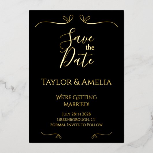 Klassieke zwarte gouden olievlek Bewaar de datum Folie Uitnodiging (Voorkant)