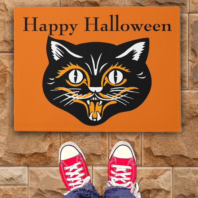 Klassieke zwarte kat-vlakken Deurmat (Vintage black cat Happy Halloween smiling face on orange door mat.)