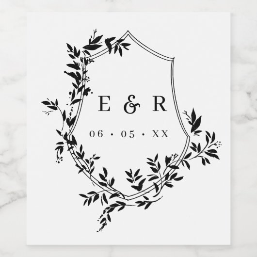 Klassieke zwarte kuif en bladeren Monogram Wijnlab Wijn Etiket (Enkel label)