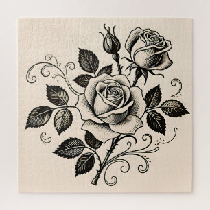 Klassieke Zwarte Roos Vintage Botanische Bloei Legpuzzel