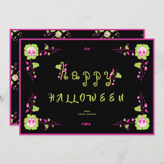 Klassieke Zwarte & Roze Schedel Zalig Halloween We Kaart (Voorkant / Achterkant)